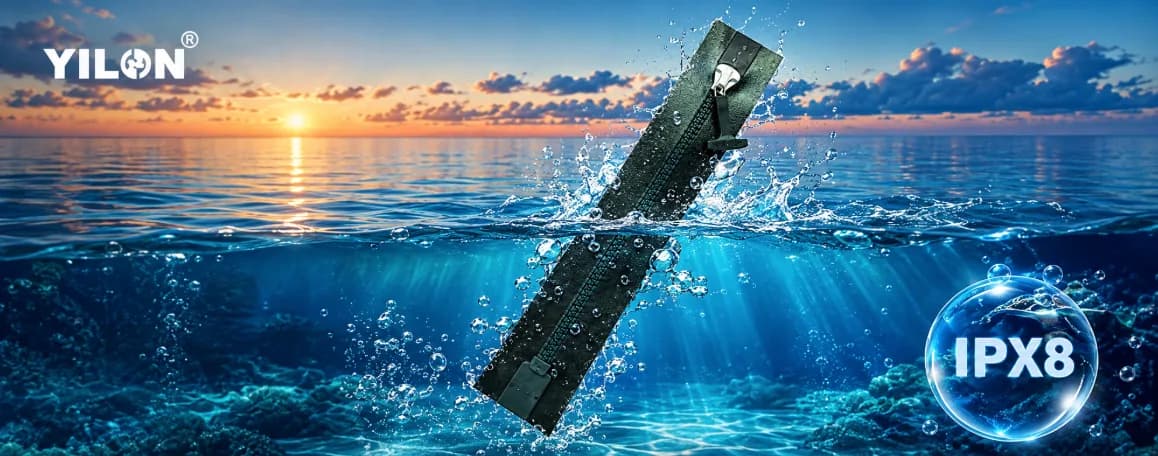 An airtight zipper shown underwater at sunset, with the IPX8 rating badge alongside it
