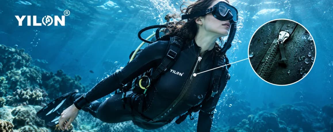 A scuba diver in a dry suit, with a close-up of the drysuit zipper in a circular inset