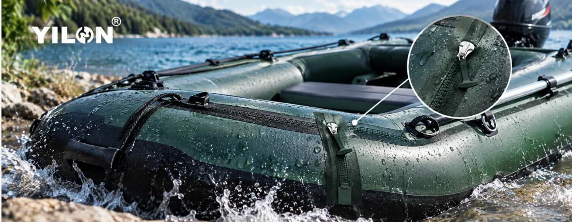 An inflatable boat on a lake, with a close-up of the boat zipper in a circular inset